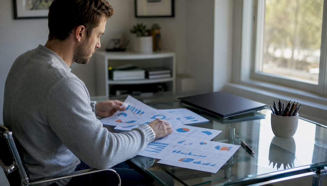 Hands arranging SEO audit tools and notes