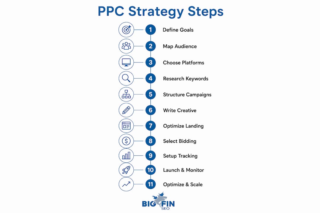 Infographic showing top PPC strategy steps
