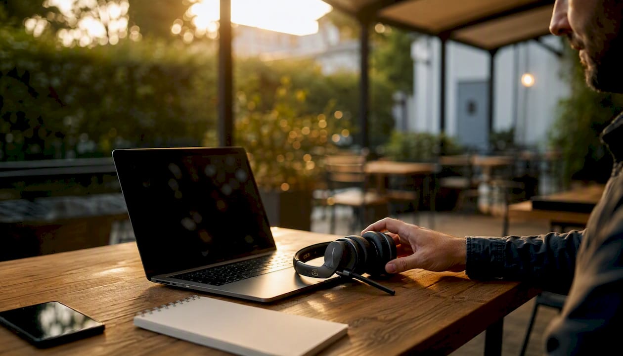 Agency workspace with headset and devices
