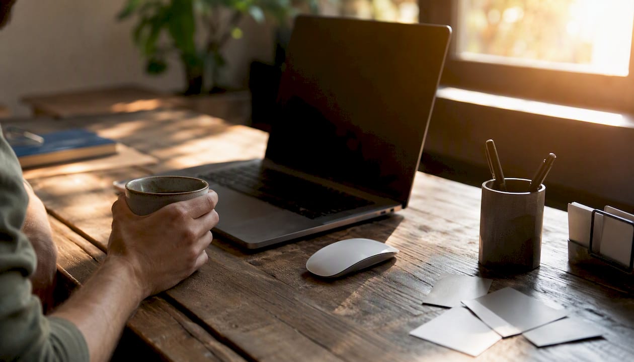 Marketing agency desk with coffee and laptop