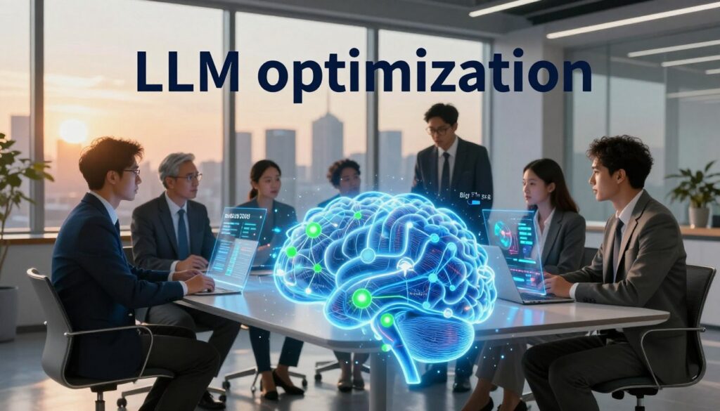 A visually striking representation of "LLM optimization" for a professional article. In the foreground, a glowing, intricate digital brain symbolizing AI with nodes and connections illuminated in blue and green. In the middle ground, a diverse group of business professionals in smart attire, engaged in a brainstorming session around a sleek, modern table. They are examining holographic projections of brand entities and digital marketing strategies. The background features a futuristic, high-tech office setting with large windows showcasing a city skyline bathed in warm, late afternoon light, adding depth and a sense of possibility. The overall mood is intelligent and collaborative, conveying the essence of innovation and brand strength. The logo of "Big Fin SEO" subtly integrated into the scene, blending seamlessly into the design.