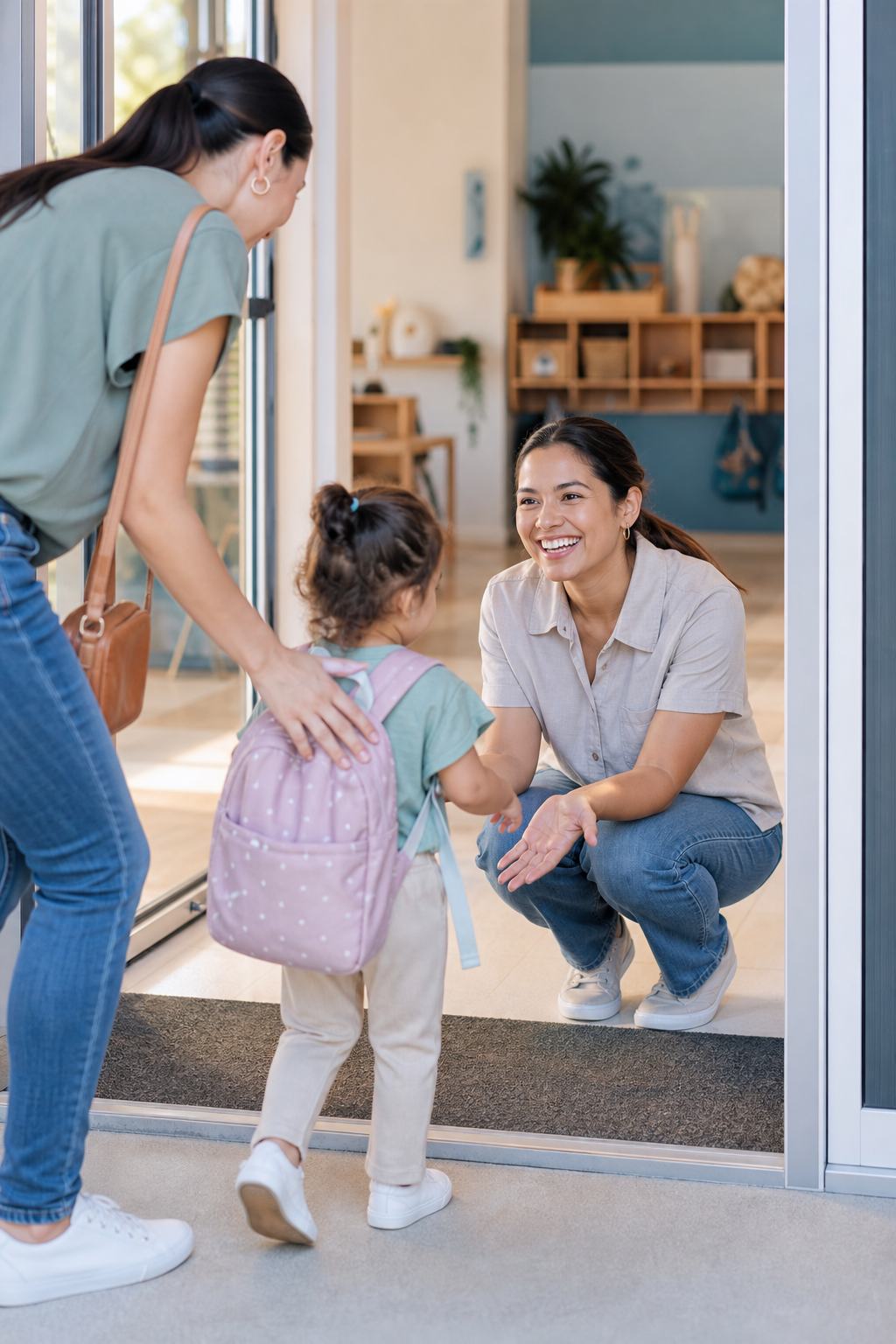 Parent and child welcomed by an early childhood educator at a childcare center