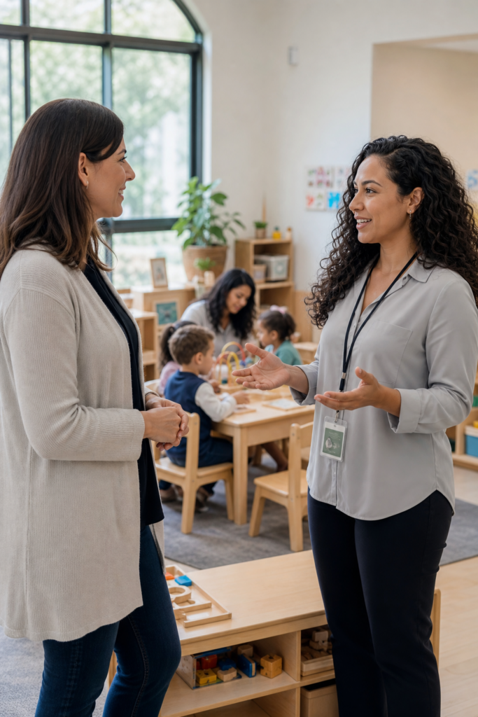 Childcare center director speaking with a prospective parent during a tour