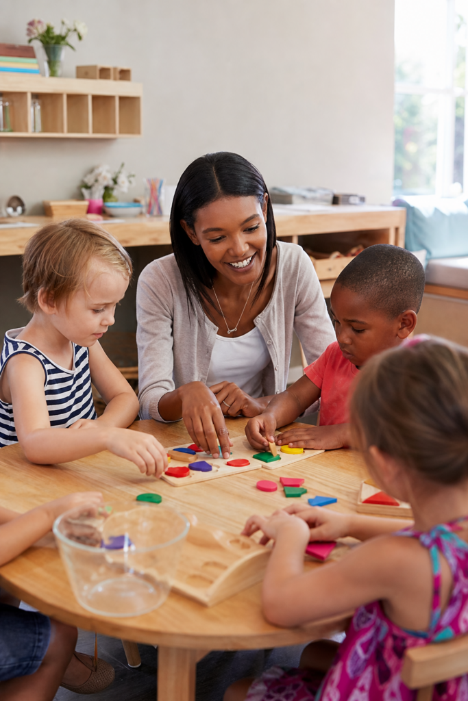 Preschool teacher leading a hands-on classroom learning activity