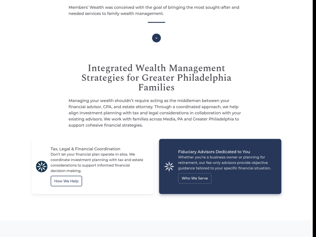 Members’ Wealth website section for integrated wealth management strategies in Greater Philadelphia