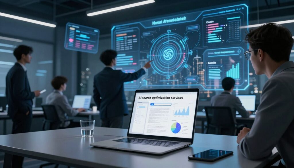 A futuristic digital workspace showcasing the concept of "AI search optimization services". In the foreground, a sleek desk with a modern laptop displaying analytical graphs and AI models, symbolizing advanced search algorithms. In the middle ground, diverse professionals in smart business attire collaborate, pointing at data visualizations on a large screen, outlining intricate technical and entity signals. The background features a tech-inspired cityscape with holographic displays, depicting key AI platforms like ChatGPT, Claude, Gemini, and Perplexity. Soft, ambient lighting creates a focused and innovative atmosphere, highlighting the importance of technology in search optimization. The brand name "Big Fin SEO" is subtly integrated into the workspace design, suggesting expertise in the field. The perspective is dynamic, shot from a low angle to emphasize the collaborative environment and advanced technology.