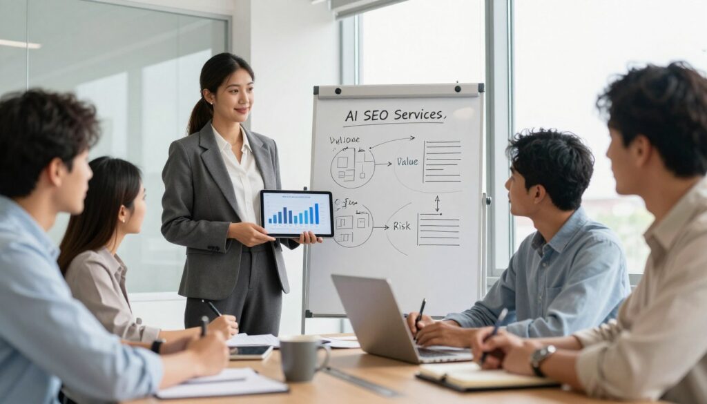 A professional and modern office setting, showcasing a diverse team of four marketing specialists engaged in a strategy meeting about AI SEO services. In the foreground, a confident woman in business attire presents a digital tablet featuring analytics graphs, while a focused man takes notes. In the middle, a visually appealing whiteboard is filled with diagrams illustrating value, effort, and risk in pricing AI SEO services. A large window in the background allows natural light to flood the room, creating a bright and inspiring atmosphere, emphasizing collaboration and innovation. The branding "Big Fin SEO" is subtly integrated into the meeting notes or on a laptop. The image should have a warm and motivating feel, with a slight depth of field to emphasize the subjects.