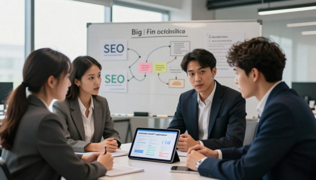 A sleek, modern office environment serves as the backdrop, infused with a sense of innovation and professionalism. In the foreground, a diverse group of three individuals in professional business attire—two women and one man—are engaged in a focused discussion around a digital tablet showcasing visual data analytics representing "white label ChatGPT optimization." The middle ground features a large whiteboard filled with colorful diagrams and strategies related to SEO, emphasizing collaboration and planning. Soft, natural lighting filters through large windows, creating a warm atmosphere. The background includes subtle branding elements of "Big Fin SEO" incorporated into the office design. Capture a dynamic moment of teamwork, conveying a sense of urgency and excitement about AI integration in campaigns.