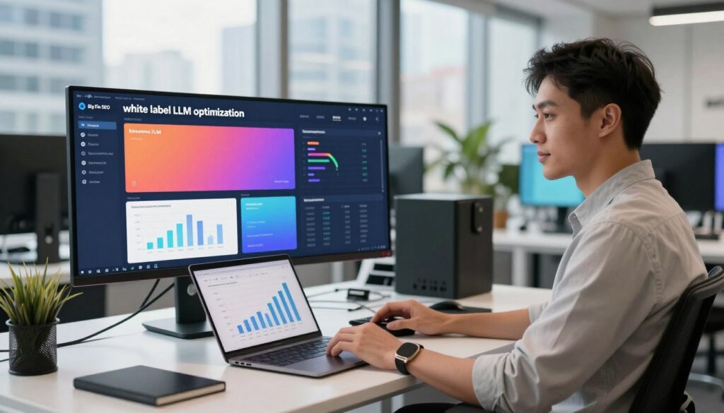 A sleek, modern workspace showcasing the concept of "white label LLM optimization." In the foreground, a confident business professional, wearing smart casual attire, sits at a desk cluttered with digital devices, including a laptop displaying graphs and analytics related to LLM performance. The middle ground features a large monitor with a colorful, dynamic dashboard illustrating key performance indicators (KPIs) for white label solutions, along with branding elements of "Big Fin SEO." In the background, a large window reveals a bustling cityscape, bathed in soft, natural light, creating a professional yet inviting atmosphere. The overall mood conveys innovation and strategic growth, with a focus on measurable progress in LLM optimization. The image captures the essence of a thriving agency environment.