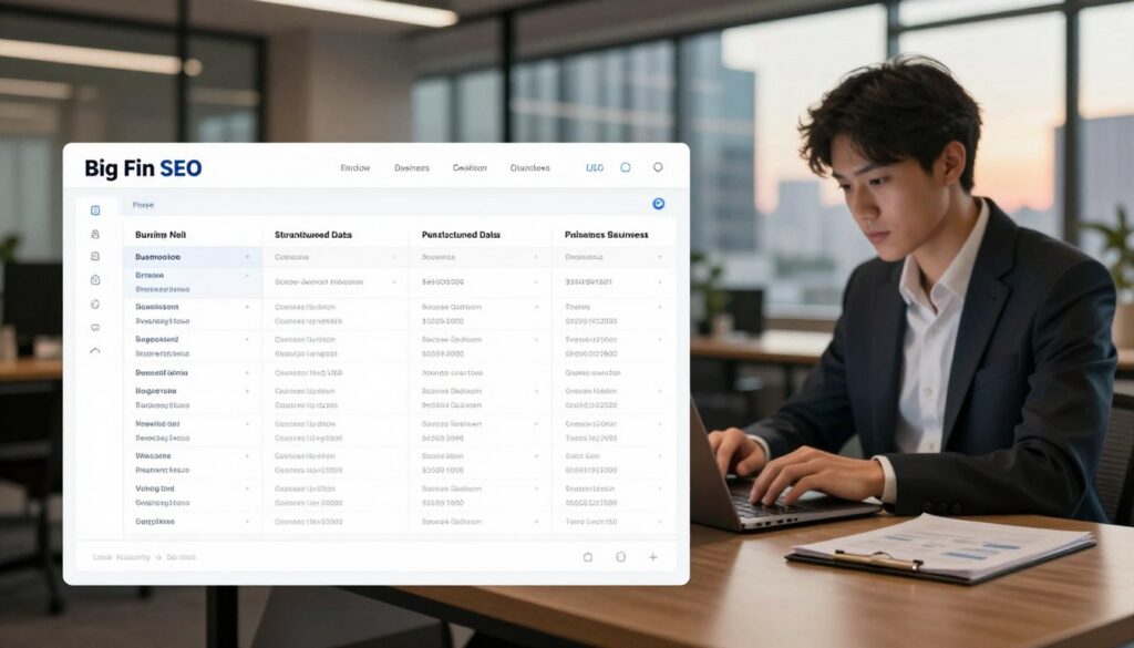A visually appealing and informative depiction of structured data for local business, designed to illustrate the concept. In the foreground, a neatly organized, digital display of structured data elements, like business name, address, phone number, and service categories, arranged in a visually engaging manner. The middle ground features a blurred office environment, with a professional individual in business attire analyzing data on a laptop, symbolizing data-driven decision making. The background includes a modern urban setting, representing local businesses coexisting in a vibrant community. Soft, ambient lighting casts a warm glow over the scene, creating an inviting atmosphere. The image reflects the ethos of "Big Fin SEO," highlighting the importance of structured data in enhancing business visibility.