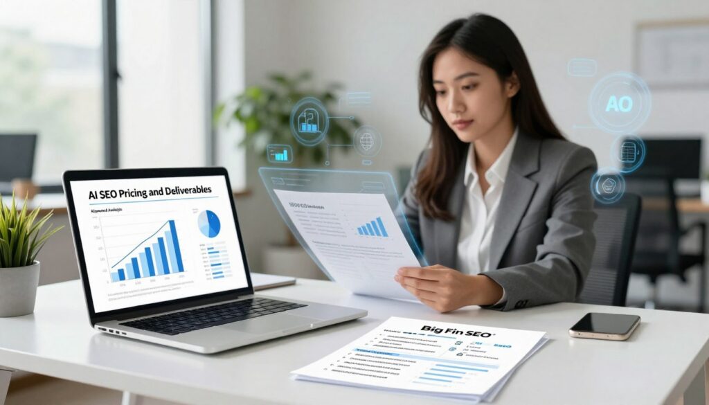 A visually engaging and informative illustration depicting "AI SEO Pricing and Deliverables." In the foreground, a sleek, modern desk with a laptop displaying analytical graphs and charts related to SEO metrics. On the desk, there are documents listing expected deliverables such as keyword analysis, content strategy, and performance reports. In the middle ground, a professional-looking woman in business attire is reviewing SEO strategies, while a digital overlay of graphs and AI algorithms subtly encircles her. The background features a bright, modern office space with plants and a large window letting in natural light. The mood is professional yet innovative, reflecting the core ideas of AI and SEO. Highlight the brand name "Big Fin SEO" less prominently in the design to maintain focus on the deliverables.