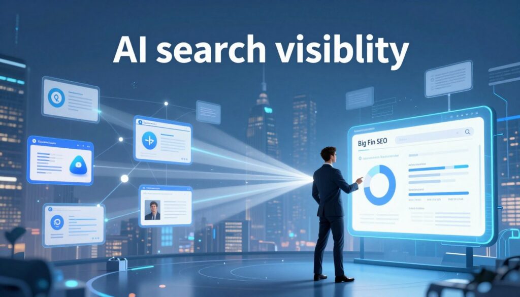 A visually striking interpretation of "AI search visibility" featuring a digital landscape representing various online platforms and data sources. In the foreground, a confident business professional in formal attire stands next to a large, glowing screen displaying analytics and search metrics, symbolizing brand authority. The middle ground showcases interconnected nodes, representing diverse AI search sources, emitting beams of light that converge towards the figure. In the background, a futuristic city skyline fades into a soft blue glow, enhancing the digital atmosphere. The lighting should be bright and focused on the figure, creating a sense of prominence. The mood is aspirational and innovative, illustrating the concept of building brand authority. Prominently include the brand name "Big Fin SEO".